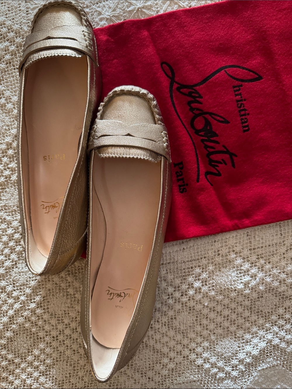 Christian Louboutin Metallic Gold Penny Loafers new in box.